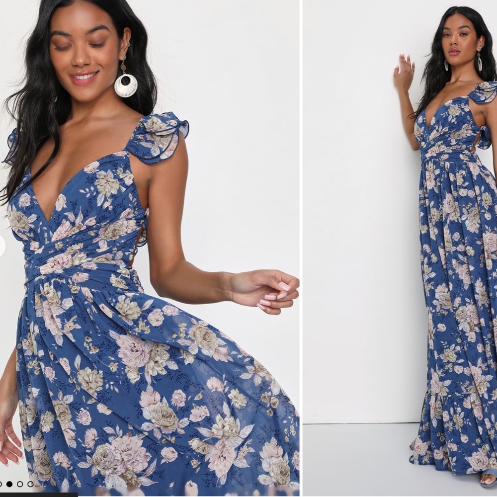 Soiree Celebration Blue Floral Ruffled Lace-Up Maxi Dress, SIZE LARGE